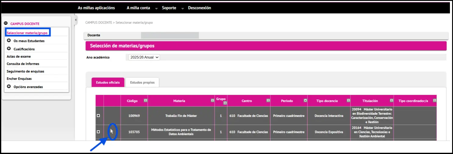 Selección da materia en Campus Docente