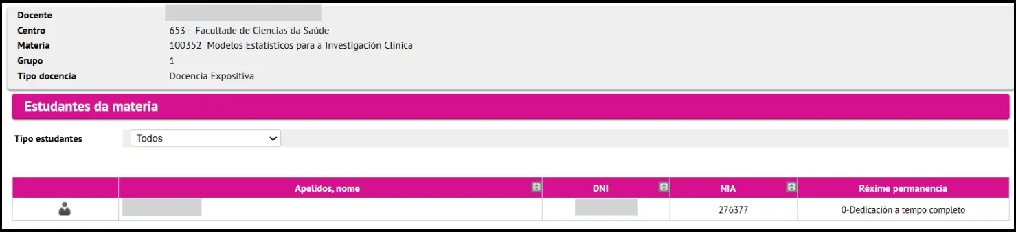 Descrición da materia e listaxe de estudantes