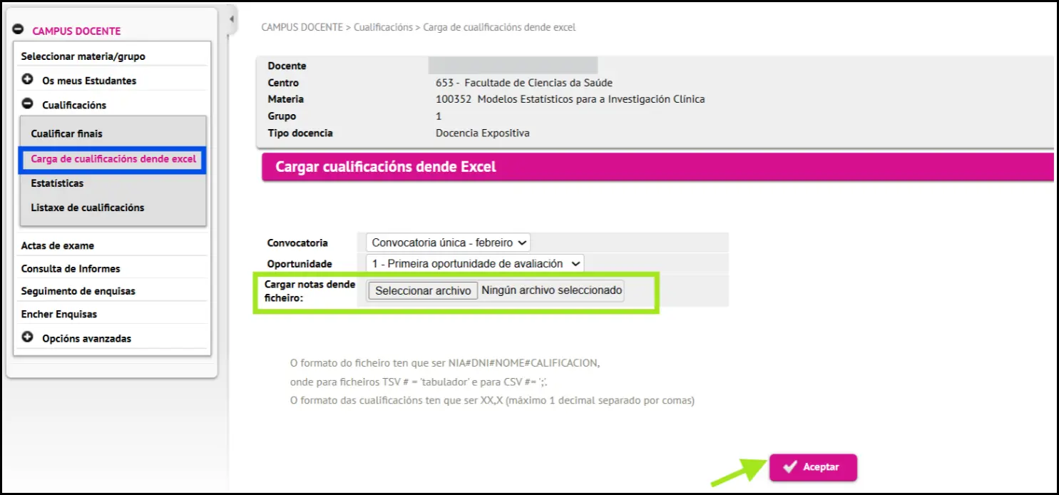 Carga de cualificacións desde Excel