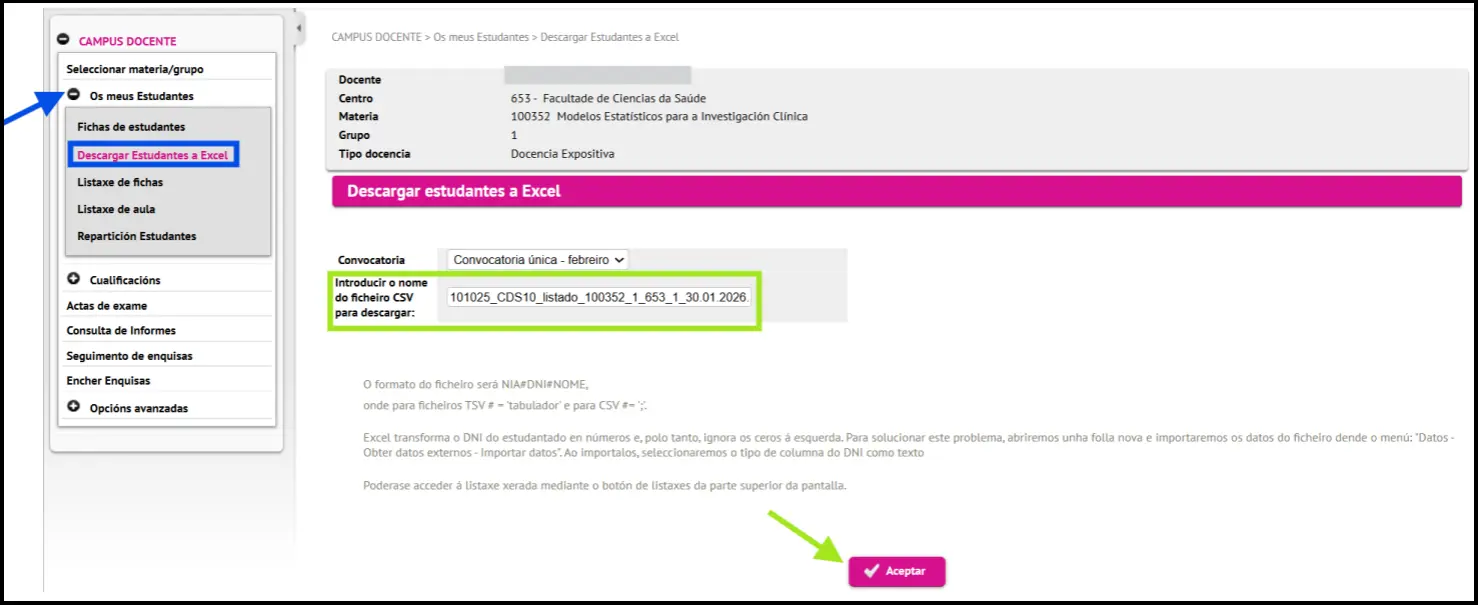Descargar estudantes a Excel