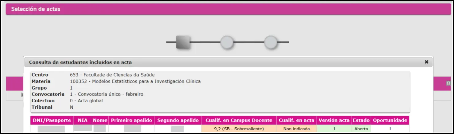 Listado de estudantes e cualificacións