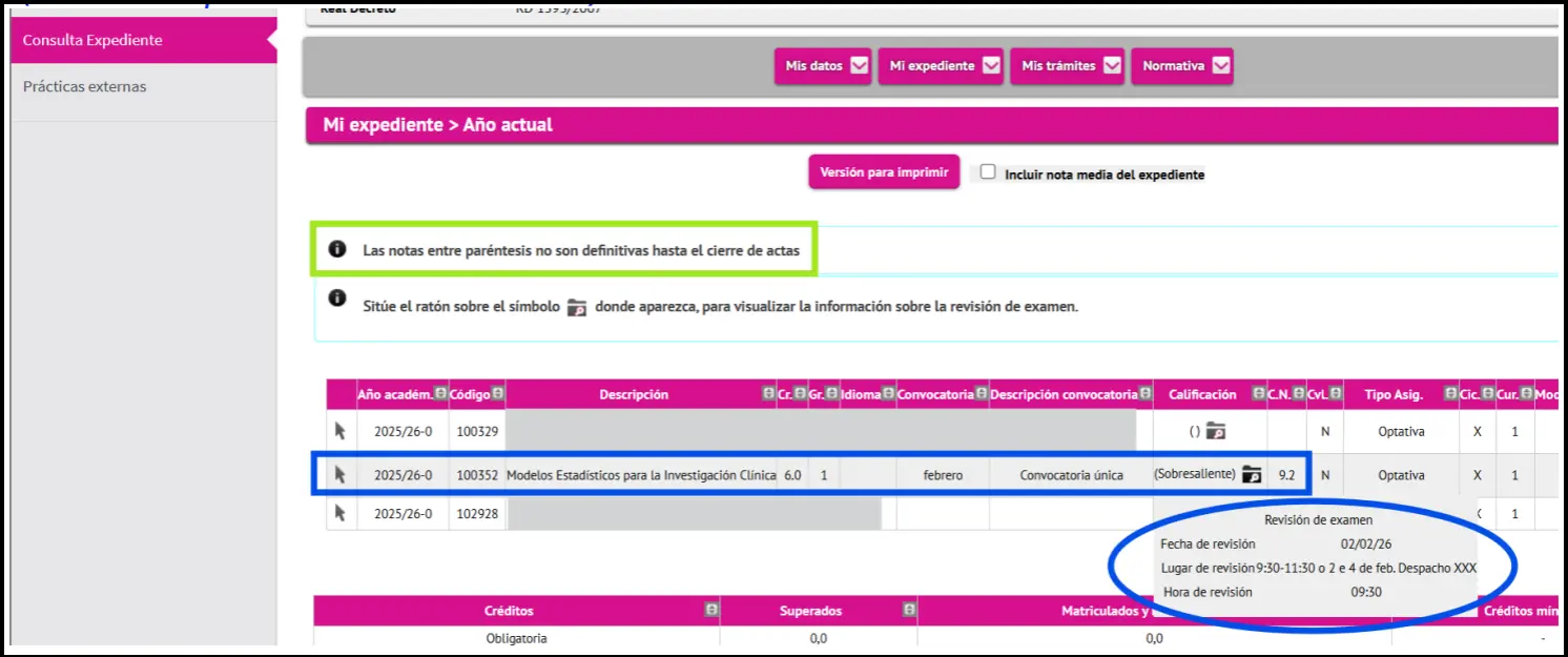 Vista do expediente dun estudante